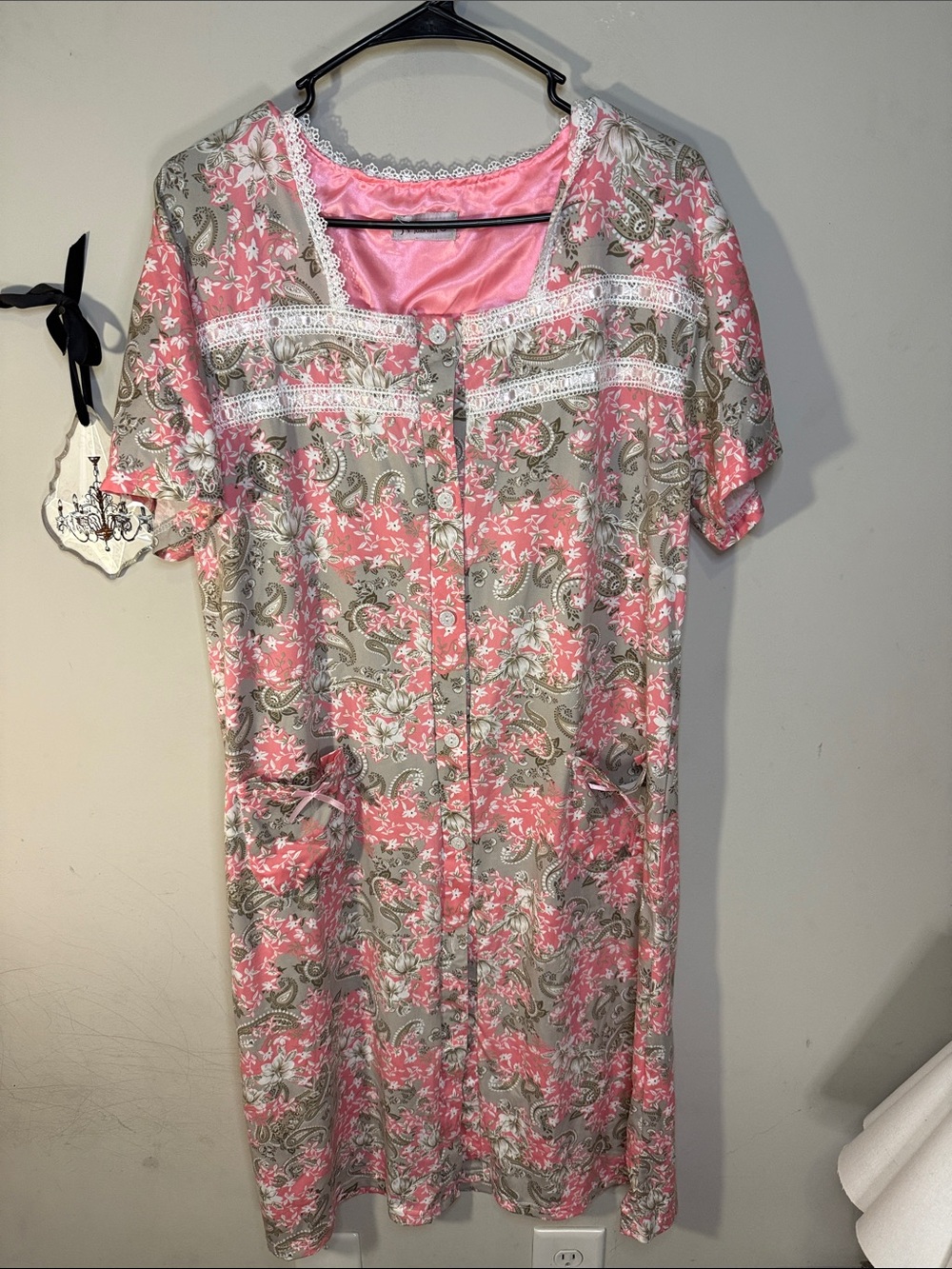Joan Vass Pink and Gray Floral Button-Front Nightgown